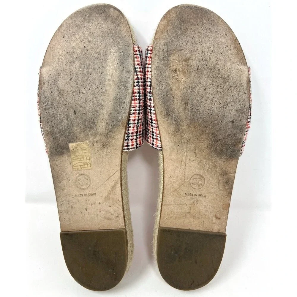 Chanel Tweed Espadrille Slide Sandals Red Black CC Logo Women Size‎ 40